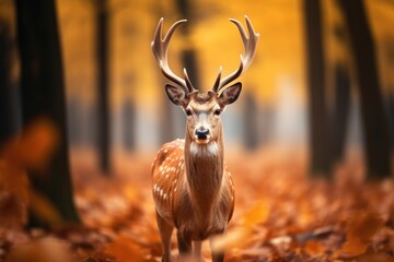 Male deer with antlers stand in forest in Autumn with beautiful foliage.