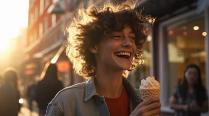 Portrait of a nonbinary person laughing, holding ice cream - obrazy, fototapety, plakaty