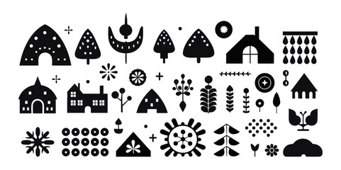 Scandinavian flat elements. Decorative abstract shapes, scandi graphic art symbols. Black various silhouettes and textures, dotted and stripes vector set
