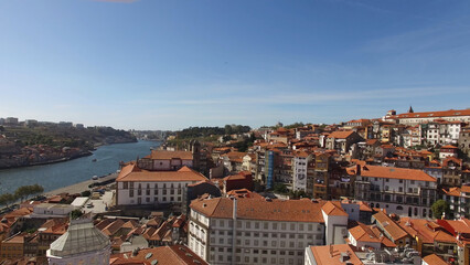 Fototapeta na wymiar Aerial Photography of Historic City Buildings in Porto City, Portugal. Travel Destination