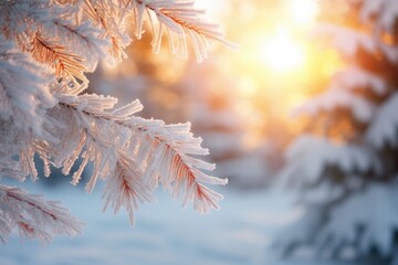 Close-up view of winter tree at sunrise covered by heavy snow. Winter seasonal concept.