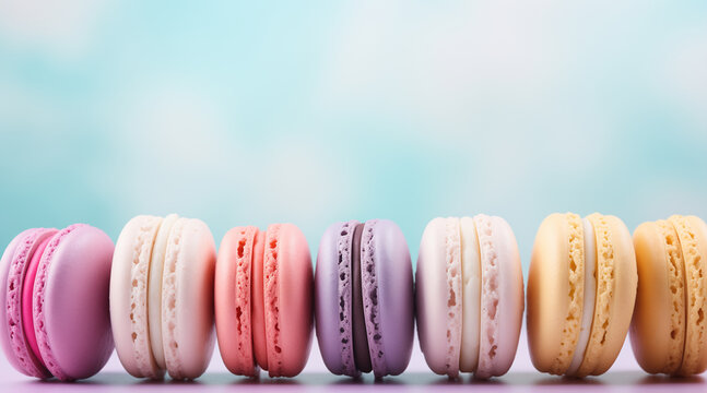 A photo of an minimalist Macaroons Background with Copy Space, pastel colors, for social media, side view, ultra realistic, high quality