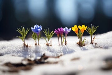 Wild flower growing out of snow with variable colors in early Spring. Spring seasonal concept. - obrazy, fototapety, plakaty