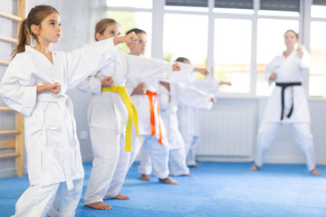 Fototapeta na wymiar Kata karate teacher conducts classes and performs movements and fighting techniques together with boys and girls students to prepare them for competitions.