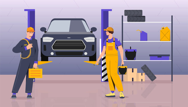 Fototapeta Car repair service concept. Men in uniform near black car. Repairmen and workers with toolbox near automobile. Tunning and modernization of auto, vehicle. Cartoon flat vector illustration