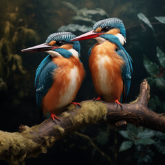 rear kingfishers siting on branch blue and orange color