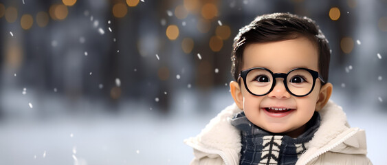 Winter themed toddler boy wearing glasses with room for copy space created with Generative AI technology - obrazy, fototapety, plakaty