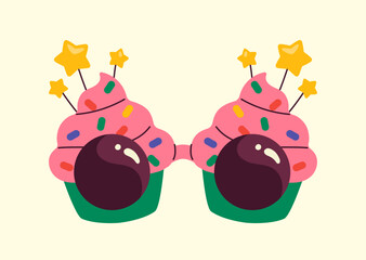 Fototapeta premium Carnival glasses concept. Accessory for holiday and festival. Element of clothing for masquerade. Pink cakes sunglasses. Cartoon flat vector illustration isolated on beige background