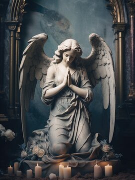 Captivating image of a marble stone angel statue in prayer, evoking a sense of religious reverence and tranquility.