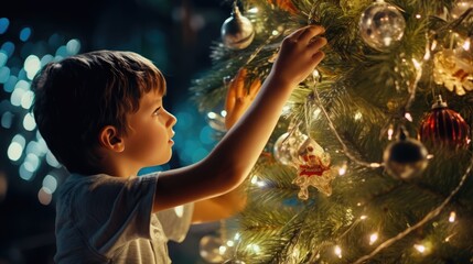 A child decorates a Christmas tree at home. . A family with children celebrates the winter holidays. The children decorate the living room and fireplace for Christmas. - obrazy, fototapety, plakaty