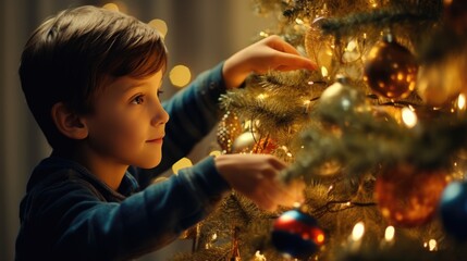 Obraz na płótnie Canvas A child decorates a Christmas tree at home. . A family with children celebrates the winter holidays. The children decorate the living room and fireplace for Christmas.