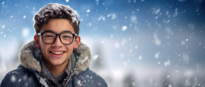 Winter themed teen boy wearing glasses with room for copy space created with Generative AI technology