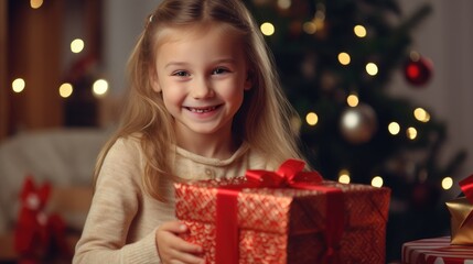 Fototapeta na wymiar New Year concept. Adorable cute little child near the Christmas tree with gifts. New Year