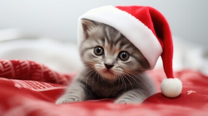 Kitten in a Christmas red Santa Claus hat. kitten in a santa hat. on a white background.