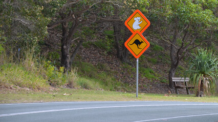 Road sign australia koala and kangaroo on North Stradbroke Island in Queensland © christian-boehme.com