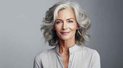 Fototapeta premium Attractive gorgeous mature older woman looking at camera on gray background. The concept of anti-aging cosmetics for middle-aged skin care. Portrait