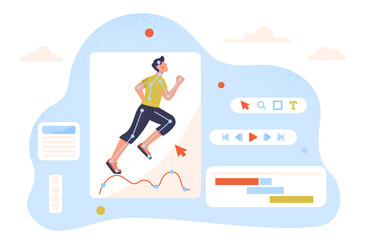 Character animation concept. Man run at photo. Video motion designing. Freelancer and designer develop animation. Poster or banner. Cartoon flat vector illustration isolated on white background