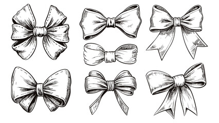 Gift bows isolated clipart. Sketch bow for present box, gifts pack. Decorative packaging elements for christmas and birthday, vector set - obrazy, fototapety, plakaty