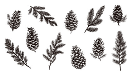 Isolated fir branches and cones. Pine cone, tree branch sketch design. Decorative nature elements, christmas holidays vector graphic symbols - obrazy, fototapety, plakaty