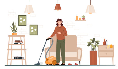 Woman cleaning house. Young girl with vacuum cleaner at room. Household chores and routine. Person fight against dust at home. Housewife cleans apartment. Cartoon flat vector illustration