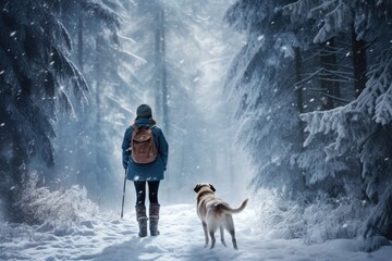 A female hiker with her dog standing in freezing wild forest with snow and ice in mountain. Winter seasonal concept.