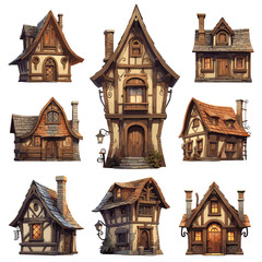 Medieval wooden houses. Ancient european town wood tavern inn and housing, villagers historical pub architecture, middle-aged cottages on white - obrazy, fototapety, plakaty