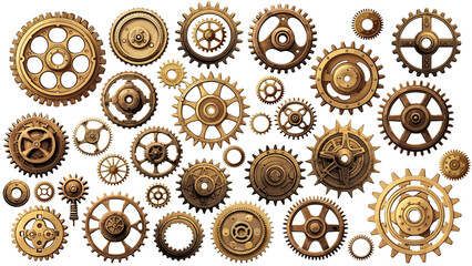 Old brass metal gears.Vintage bronze metallic cogwheels isolated on white, retro style separated gearwheels - obrazy, fototapety, plakaty