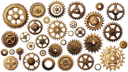 Fotobehang Old brass metal gears.Vintage bronze metallic cogwheels isolated on white, retro style separated gearwheels © LadadikArt