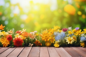 Wild flower on wood table with variable colors in Spring. Spring seasonal concept.