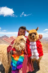 Fototapete Vinicunca peruvian alpacas and tourist in cusco vinicunca rainbow montain