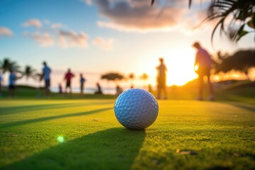Close-up view of a golf ball on grass lawn ground in luxury vacation resort. Summer tropical vacation concept. - obrazy, fototapety, plakaty