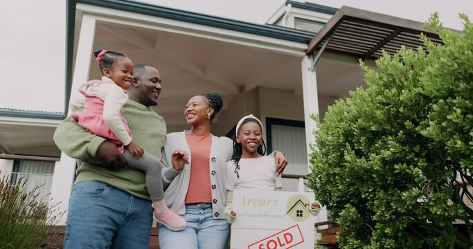 Smile, sold sign or happy kids in new home as a black family on real estate talking with love or pride. Dream house, investment or African children with dad or mom on property in relocation together