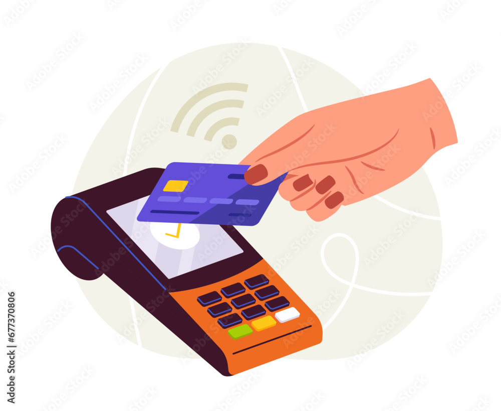 Poster contactless payment concept. credit card with atm terminal. digital transfers and transactions. clie