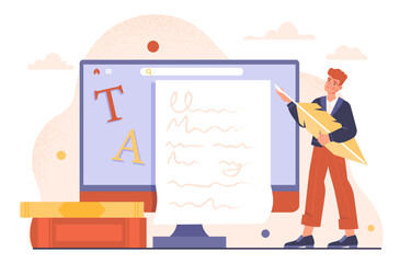 Copywriter write article. Man with feather near tablet. Freelancer create interesting content for webpage and social networks. Journalist at workplace. Cartoon flat vector illustration