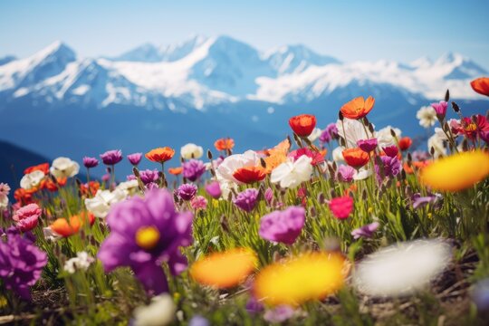 Wild flower field in wild with variable colors and snow mountain background in Spring. Spring seasonal concept.
