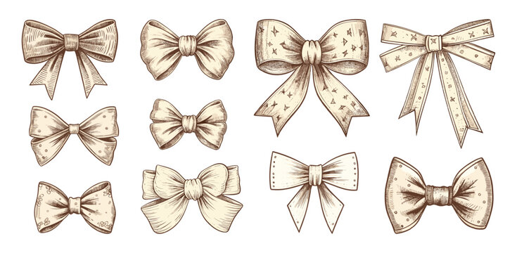 Vintage bows for gift box, presents, hair design. Fashion retro style bow, sketch girly decorative elements. birthday, christmas decor vector collection
