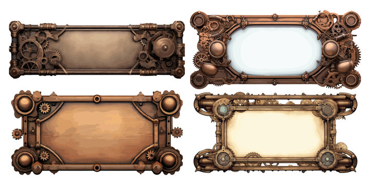 Vintage metal steampunk panels. Retro copper metal panes borders with empty place for text, steam punk dashboards frames