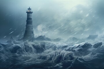 A lighthouse by sea covered by heavy snow and ice. Winter seasonal concept. - obrazy, fototapety, plakaty