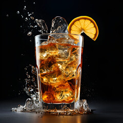 A glass of ice tea with water splashing on it.