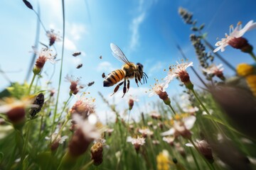 Bees in booming wild flower field in Spring.