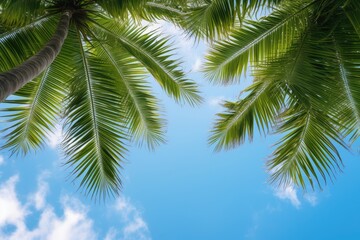 Fototapeta premium Beautiful overhead palm tree leaves pattern and blue sky. Summer tropical vacation concept.