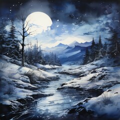 landscape with moon and snow, generative ai 