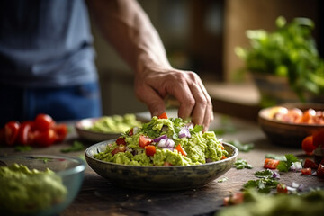 A close-up of hands preparing fresh guacamole and salsa, emphasizing the culinary delights of Cinco de Mayo, creativity with copy space