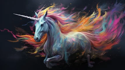 Muurstickers Vibrant and powerful fantasy unicorn illustration, radiating a bright, colorful presence as a captivating and whimsical creature. © jackson