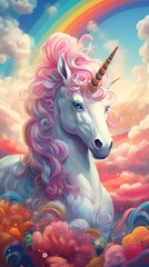 Vibrant and powerful fantasy unicorn illustration, radiating a bright, colorful presence as a captivating and whimsical creature.