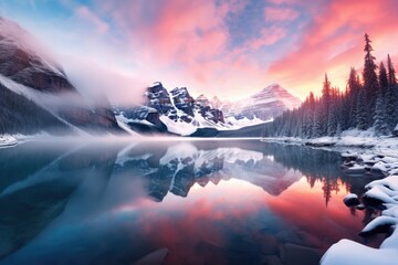 Beautiful lake at sunrise with foggy Winter forest mountain covered by heavy snow and ice. Winter seasonal concept.
