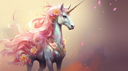 Vibrant and powerful fantasy unicorn illustration, radiating a bright, colorful presence as a captivating and whimsical creature. - obrazy, fototapety, plakaty