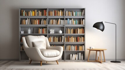 An inviting room featuring a white chair and a bookshelf, offering a cozy space for relaxation and reading