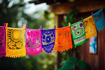 A creative display of papel picado banners with personalized messages, adding a personal touch to the festive decorations, creativity with copy space