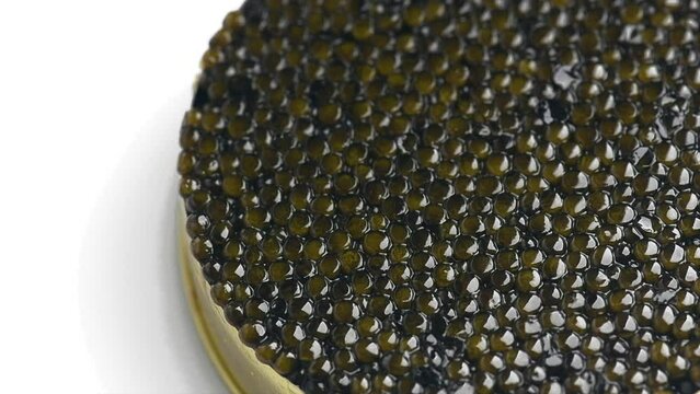 Black Caviar can rotating on white background. High quality real natural sturgeon black caviar close-up Delicatessen. Texture of expensive luxury caviar in tin can on white. Seafood.